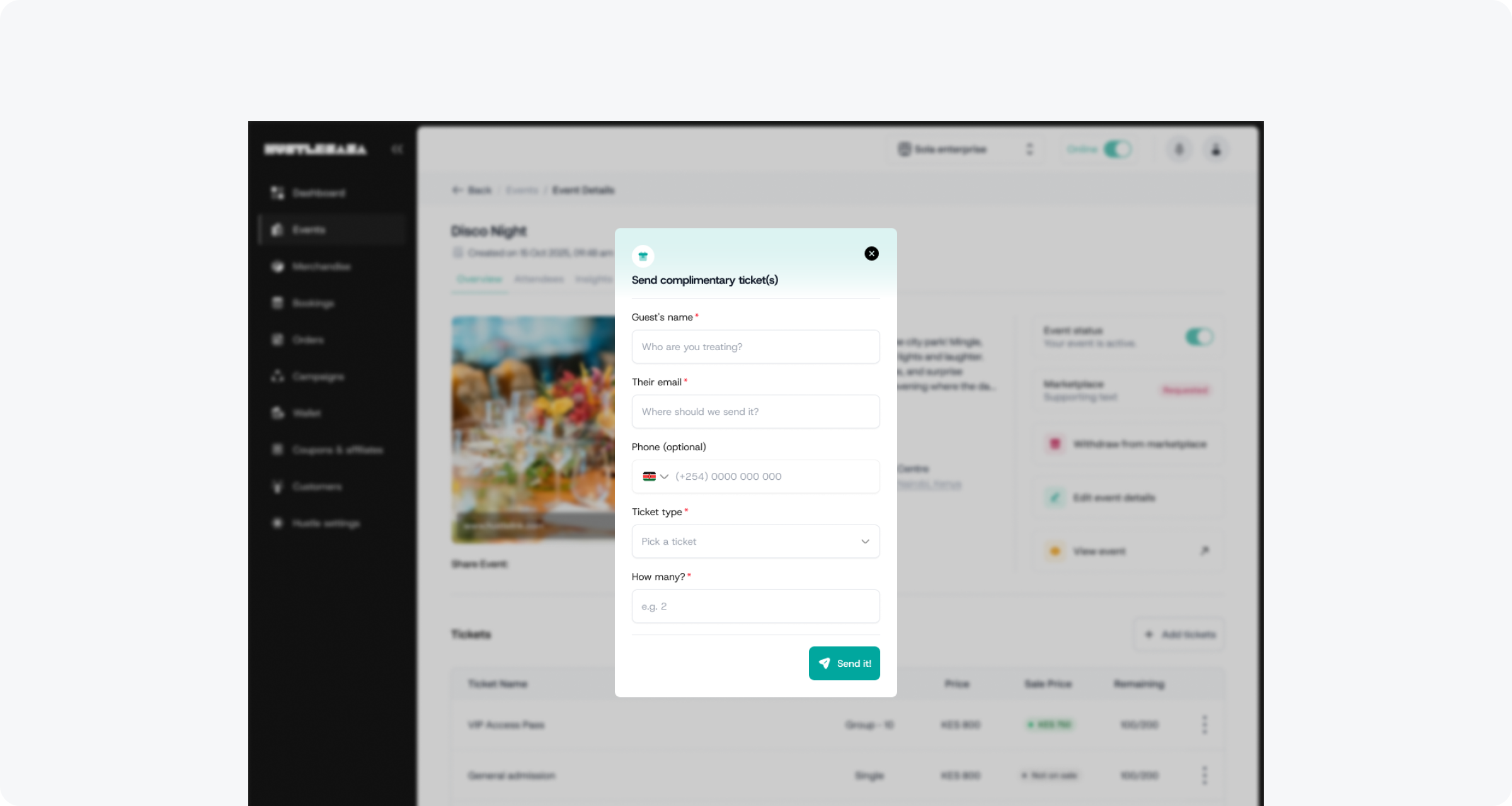HustleSasa event dashboard with the 'Send complimentary ticket(s)' modal open — fields for guest name, email, phone, ticket type, and quantity